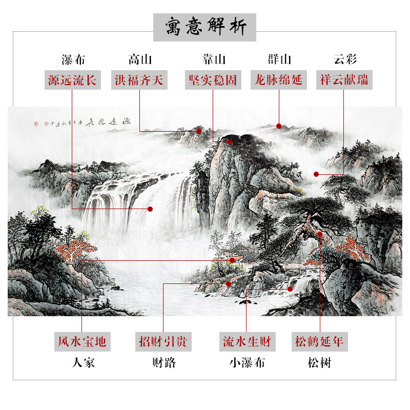 纯手绘源远流长招财水墨画山水画国画客厅办公室大气横六尺挂画