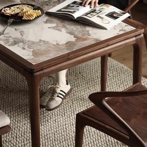 实木岩板餐桌家用小户型大板桌北美吃饭桌子客厅饭桌