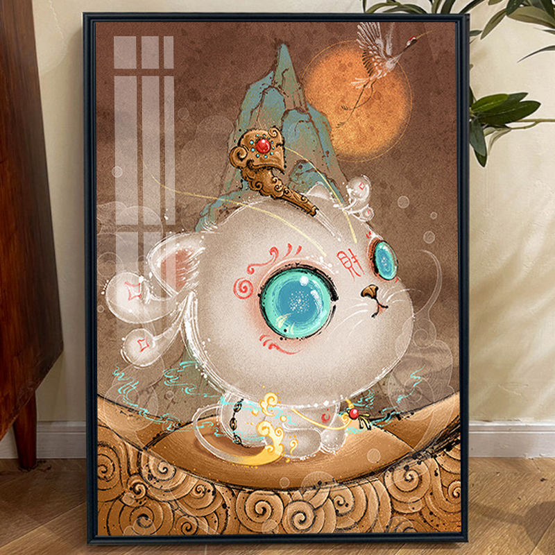 贯财仙猫国潮卡通钻石画2023年新款儿童卡通十字绣砖石贴画带框5d