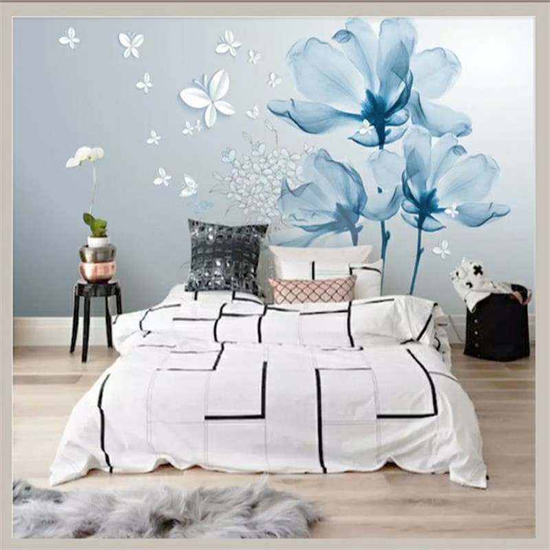 欧式小新花朵背景墙布浮雕粉色玉兰花卧室床头壁画白色蝴蝶墙纸