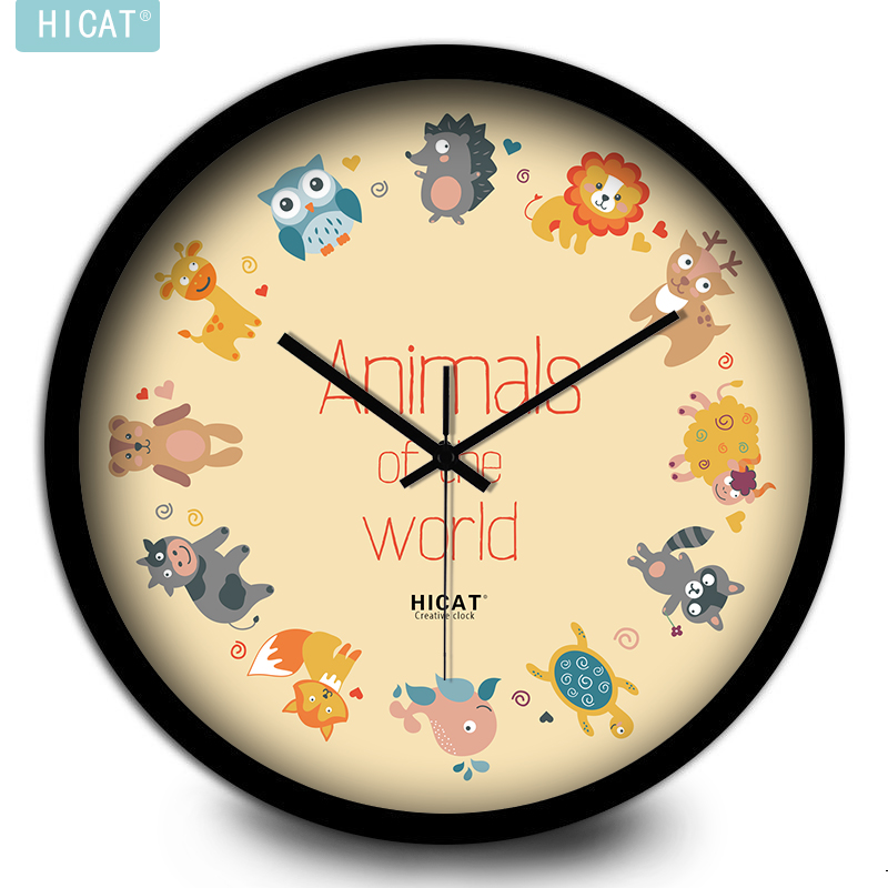 HICT动物艺术客厅卧室挂钟儿童房卡通创意静音简约幼儿现代挂表