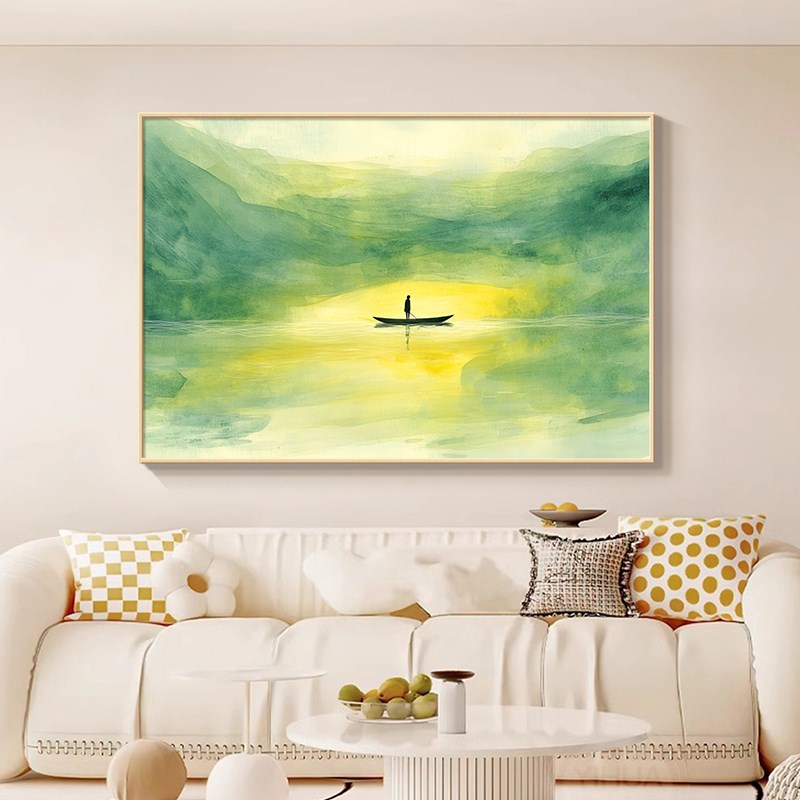 一帆风顺小众艺术客厅装饰画抽象绿色河流沙发背景墙挂画简约壁画图片