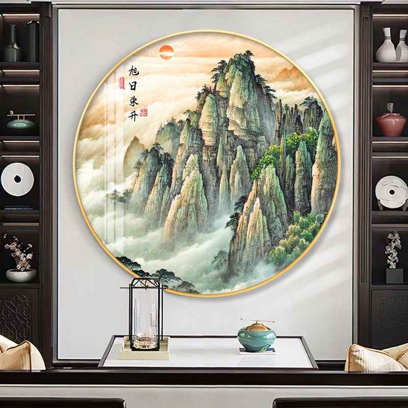泰山日出玄关挂画走廊q过道装饰画有山无水背景墙靠山图圆形晶瓷图片