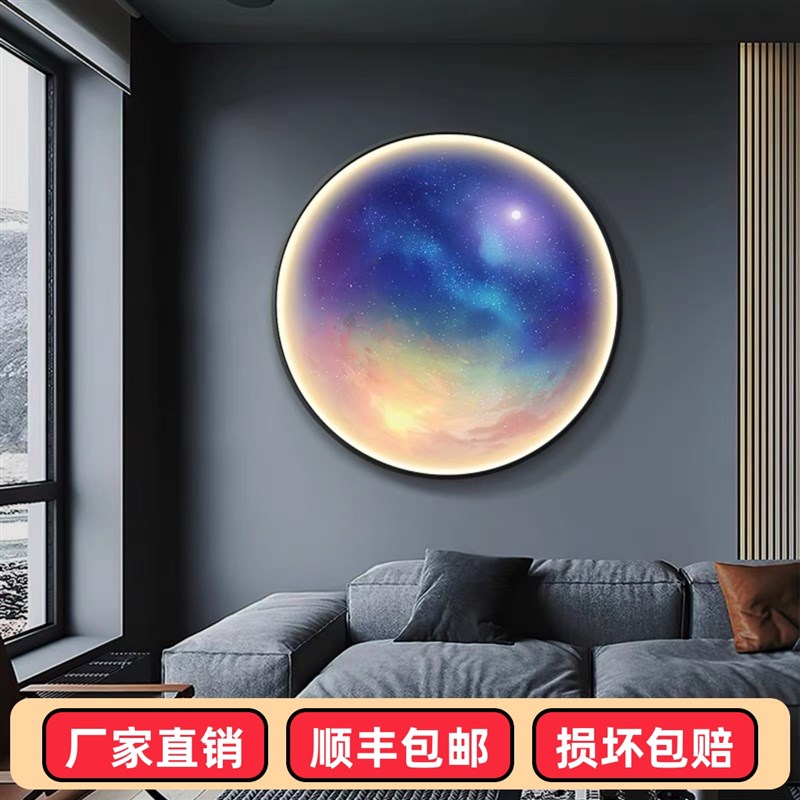 玄关装饰画高级感圆形月球挂画走廊过道墙画行星地球挂画LED灯画图片