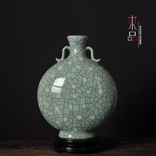 龙泉青瓷哥窑点彩扁瓶书房办公室摆设瓶大号陶瓷装饰客厅