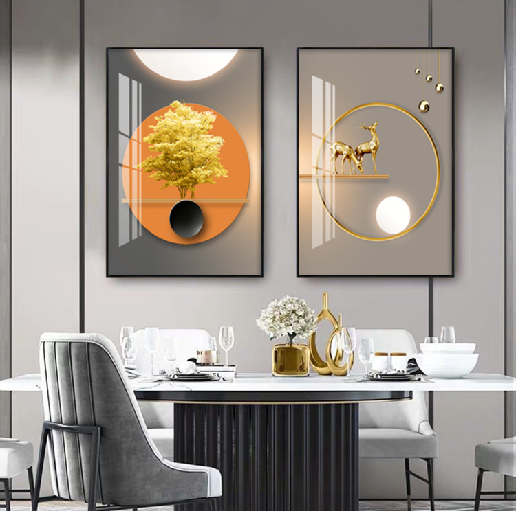 餐厅装饰画现代简约晶瓷画两联饭厅轻奢背景墙面装饰壁画餐桌挂画图片