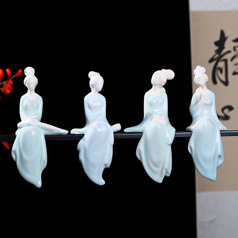 创意个性青瓷花宠琴棋书画仕女陶瓷摆件客厅酒柜装饰品茶宠微景观图片