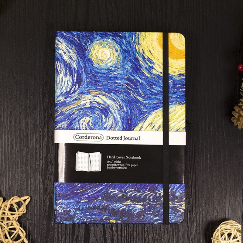 硬面梵高星空5绑带文具记事本子弹笔记bujo点阵横线手帐本