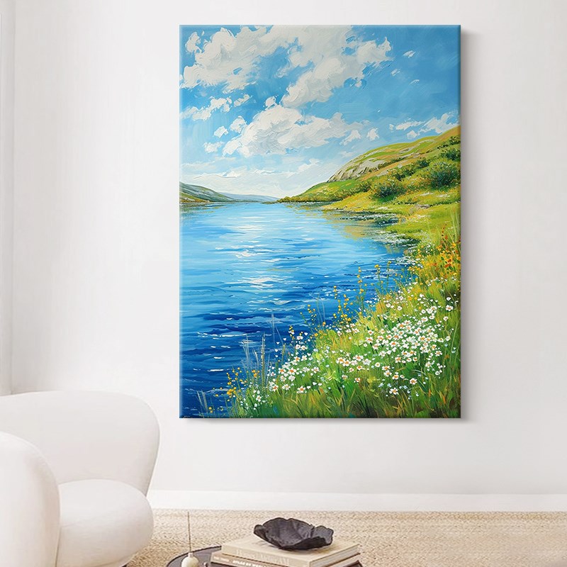抽象小雏菊客厅玄关装饰壁画宫崎骏肌理手绘油画蓝天白云风景挂画图片