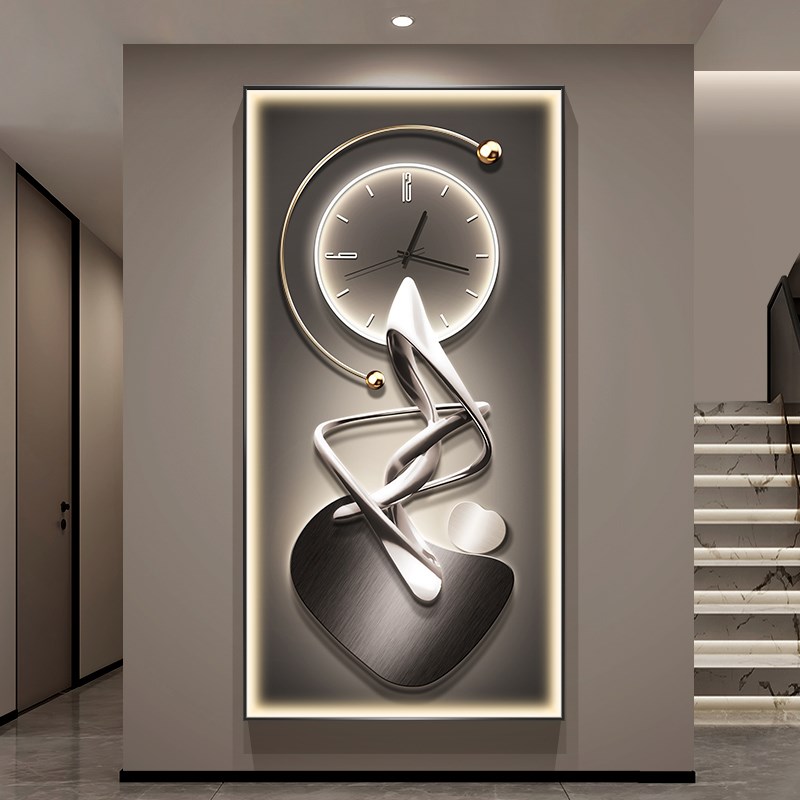 玄关装饰画带时钟表高级感LED灯画进门入户挂画轻奢走廊过道壁画图片