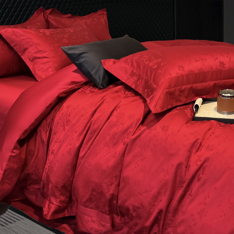 高级感提花床上四件红色婚庆100支长绒棉 全棉数码印花被新婚