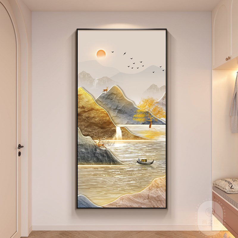 流水生财玄关装饰画轻奢大气靠山图走廊过道挂画竖版山水风景壁画图片