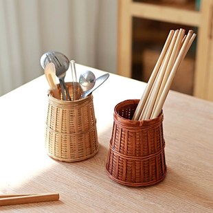手工竹编笔筒六君子茶道小竹篓复古竹制筷子筒茶桶桌面茶具配件
