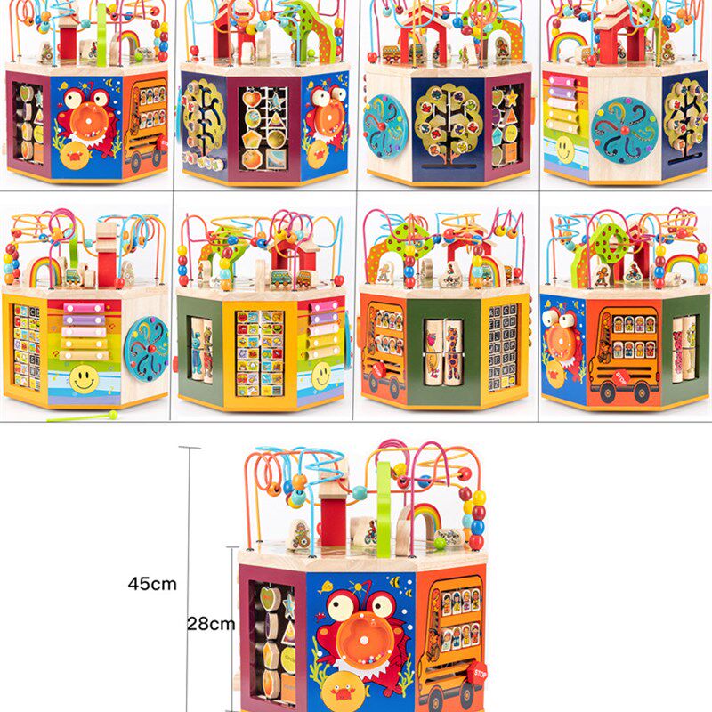 儿童大绕珠串珠多功能婴幼儿木制八面体百宝箱2岁宝宝益智