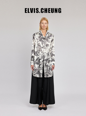 ELVIS.CHEUNG春夏新品黑白色调16MM弹力缎印花慵懒荡领长摆衬衫
