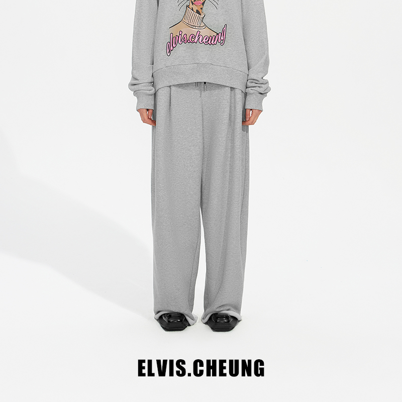 ELVIS.CHEUNG复古logo松紧腰针织裤休闲长裤阔腿卫裤