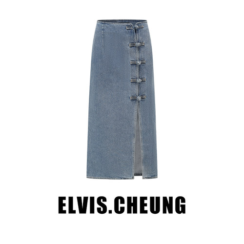 ELVIS.CHEUNG开运夏季新品极简新中式古典牛仔中长裙半身裙女