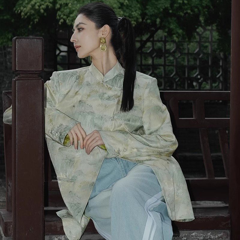 ELVIS.CHEUNG开运夏季新品优雅中式真丝山水提花斜门襟西装外套