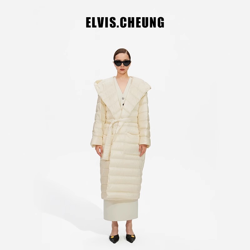 ELVIS.CHEUNG秋冬新品连帽大衣轻薄系带大衣式鹅绒羽绒服外套