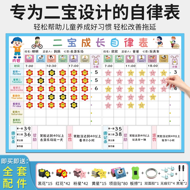 厂直销庭二宝儿童成长自律墙习惯奖罚规划表宝宝记录积分表格孩子