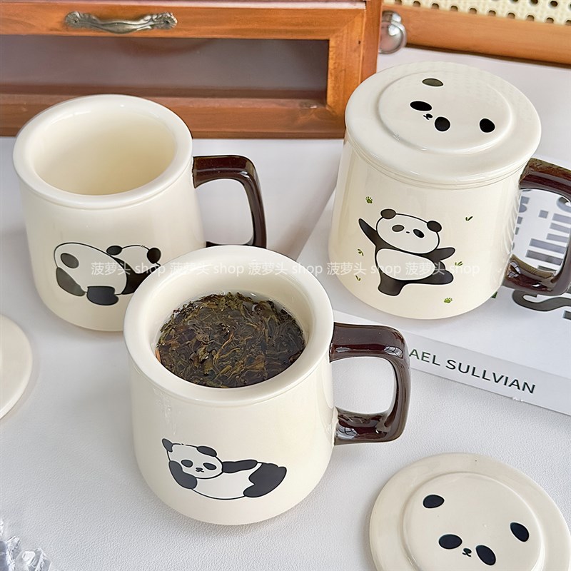 创意爱熊猫泡茶杯带盖水杯带茶漏马杯办公室茶水分离杯子