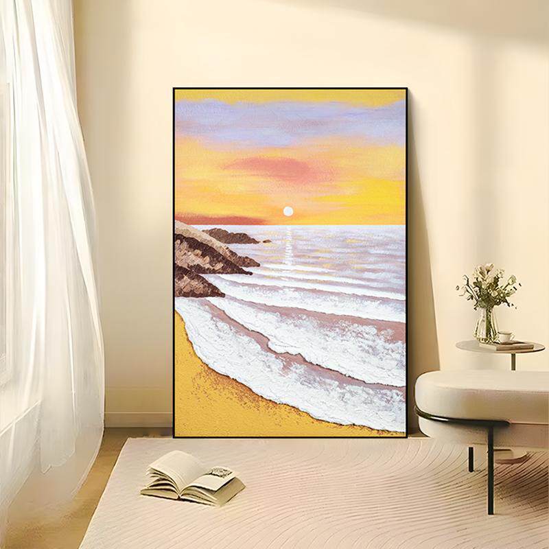 手绘油画客厅沙发背景装饰画 玄关过道挂画立体肌理画海浪80120