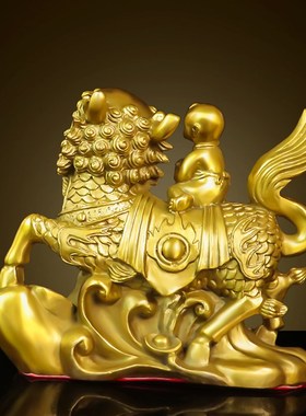 纯黄铜麒麟摆件卧室麒麟送子金童玉女求子招财家居装饰工艺品礼品