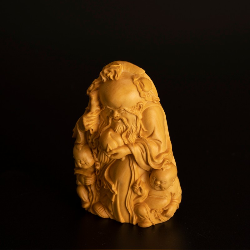 小叶黄杨木雕寿星手把件实木雕刻手工艺品把玩件木质福禄寿装饰品