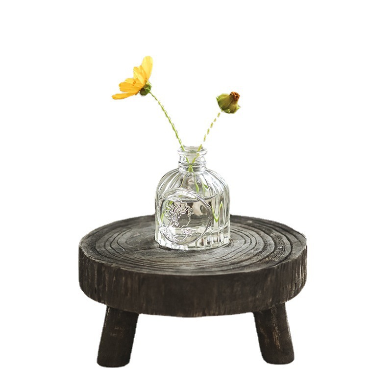 侘寂风实木黑色圆形三脚托盘复古做旧家用茶盘食物摄影搭配道具