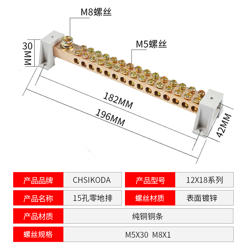 排零地排15孔 *18接地线排 大功率配电箱机房接线端子 接地铜排