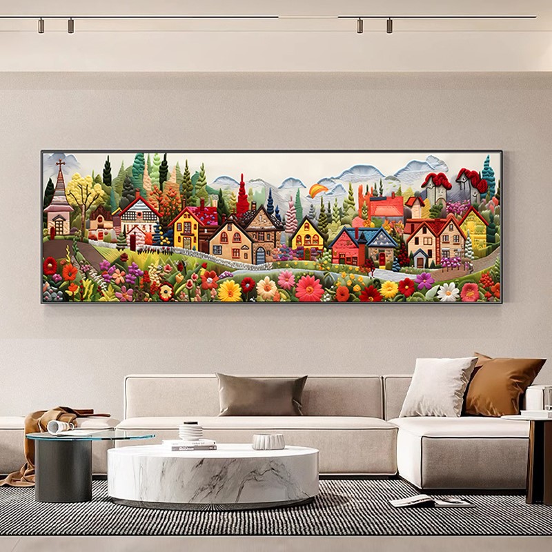 不止于画 童话小镇 奶油风客厅装饰画立体感村庄沙发背景墙挂画图片
