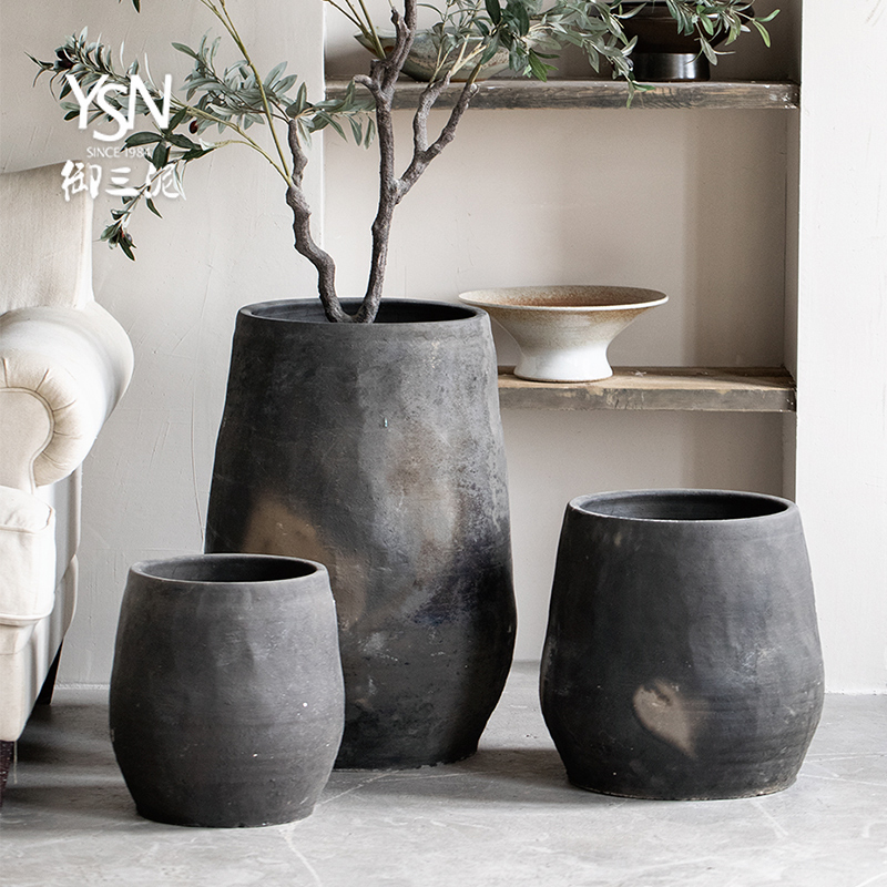 御三泥土陶老陶罐插花花盆客厅装饰摆件侘寂风阳台花园绿植盆
