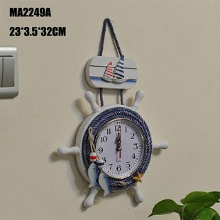 地中海舵手钟钟表墙壁装饰创意挂件蓝白海洋风格小挂钟