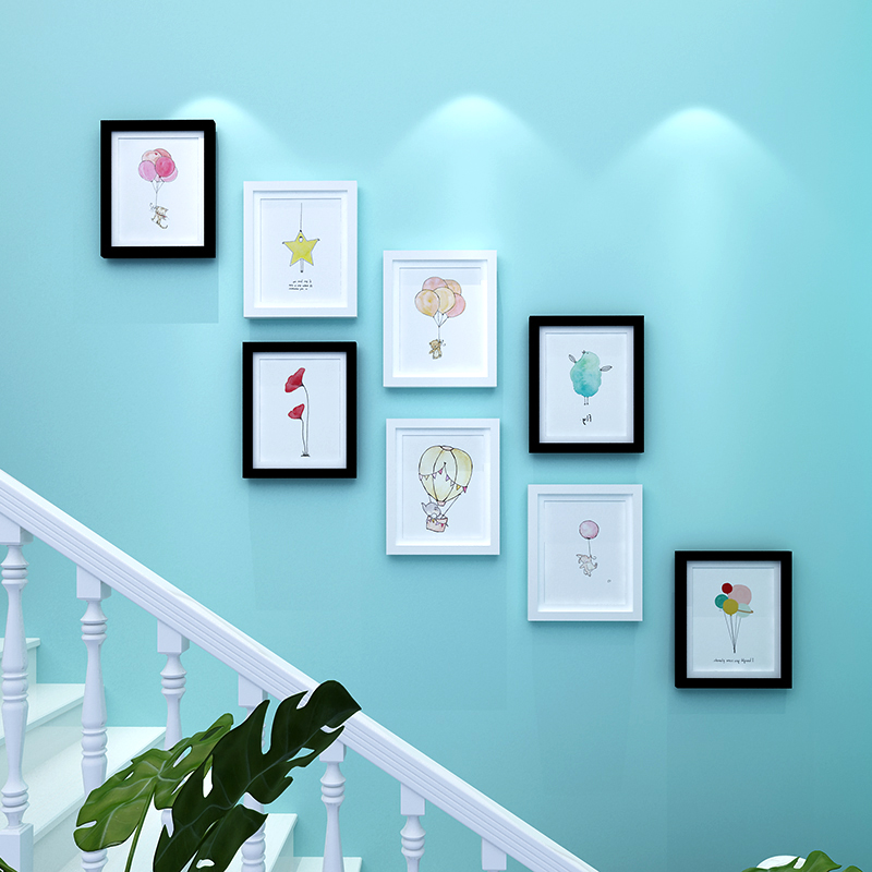 楼梯实木照片墙装饰画简约现代相片墙公寓背景墙创意挂墙相框组合图片