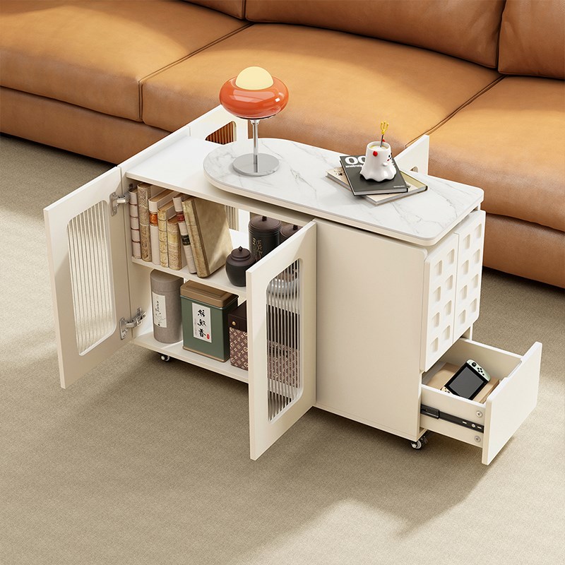 开尚奶油风客厅沙发边几可旋转茶桌带岩板边柜大容量侧边柜可移动