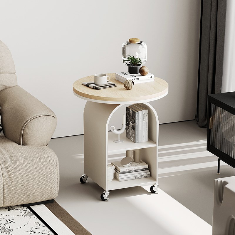 实木可移动圆形沙发边几小户型客厅小茶几奶油风卧室床头带轮边桌