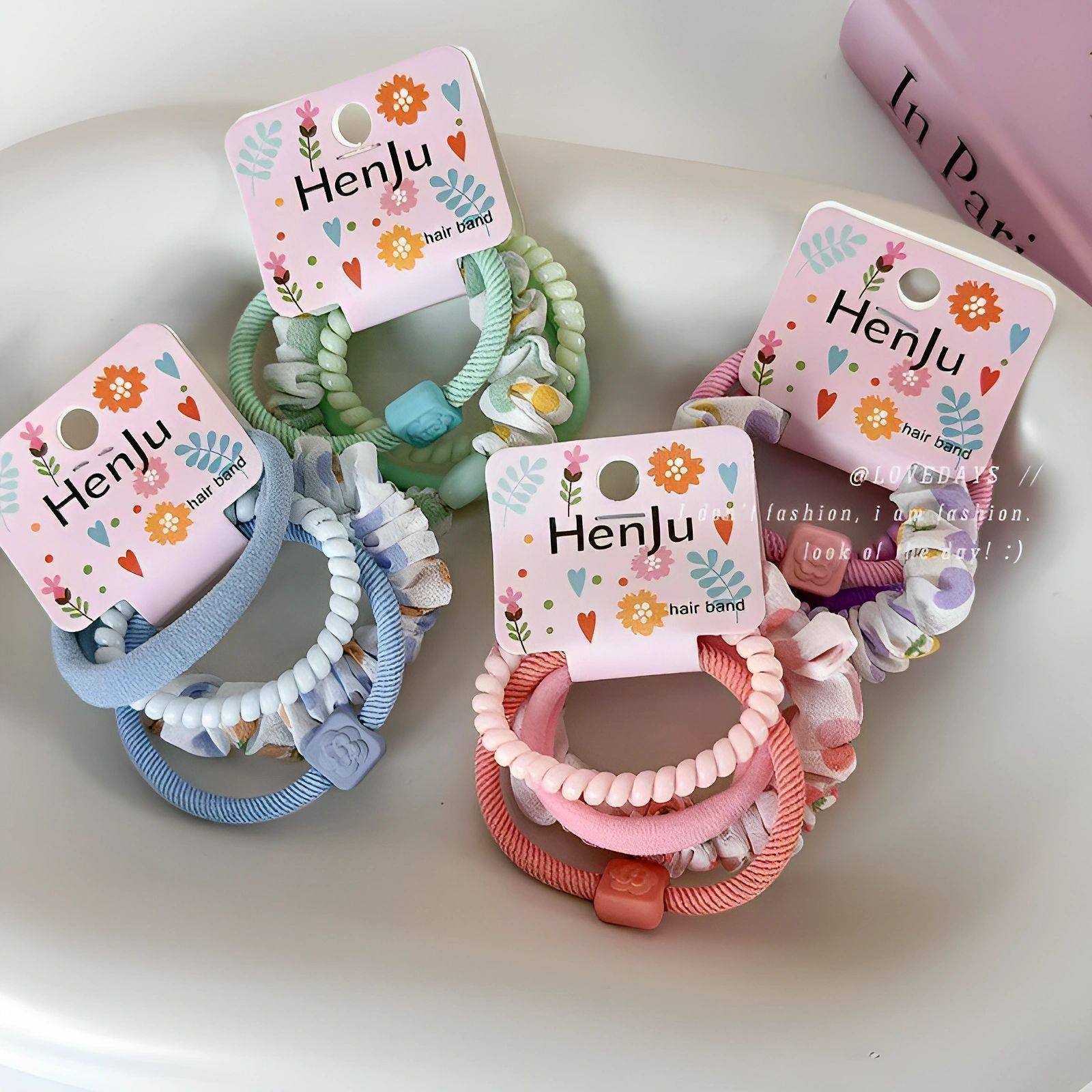 儿童糖果色发圈头绳碎花布艺马尾发绳简约可爱电话线橡皮筋4件套