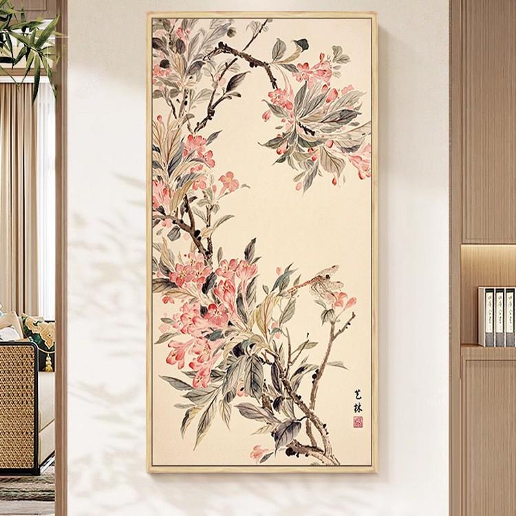 新中式玄关装饰画寓意好牡丹花开竖版花卉客厅走廊油画书房挂画
