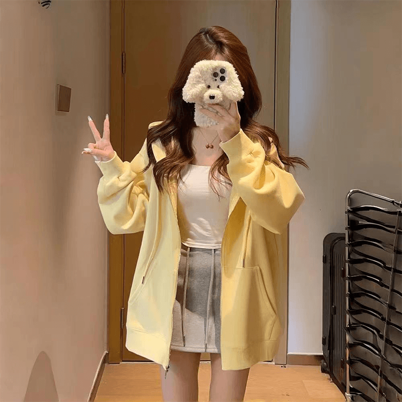 奶黄色卫衣外套女2024新款春秋冬季初高中学生韩系慵懒风上衣开衫