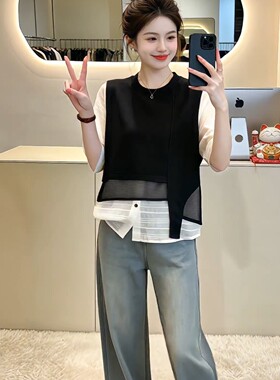 韩版黑色假两件短袖衬衫女夏季大尺码胖MM宽松显瘦衬衫洋派减龄上