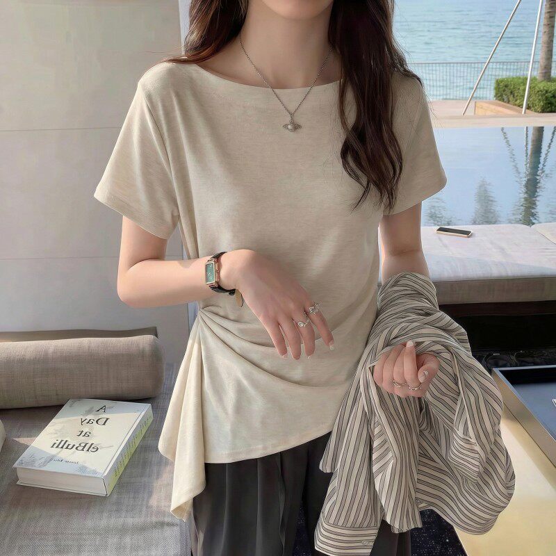 气质独特短袖T恤女2026新款夏季大尺码胖mm收腰显瘦不规则下摆上