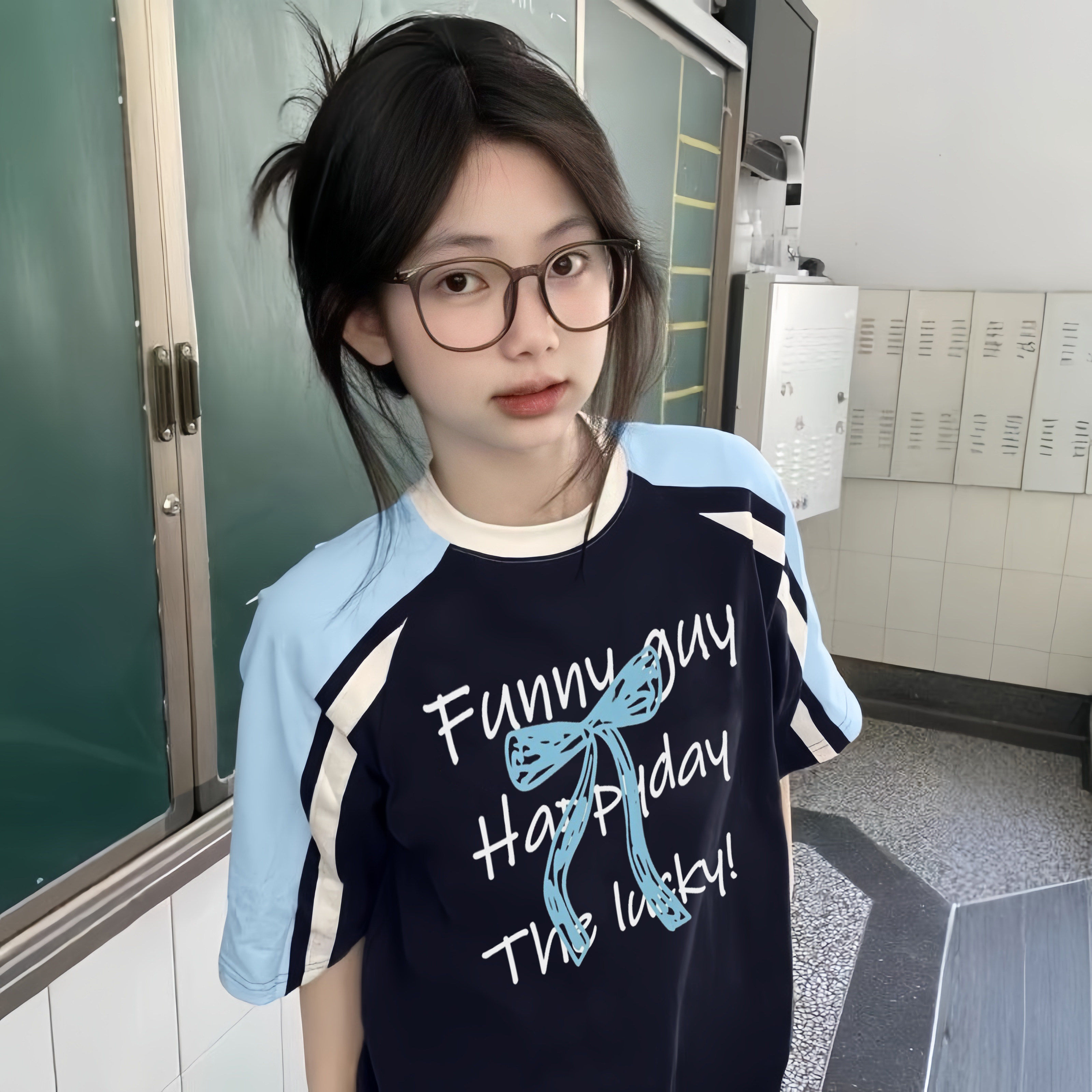美式纯棉短袖女大童夏季新款撞色插肩T恤初中高中生百搭宽松半袖