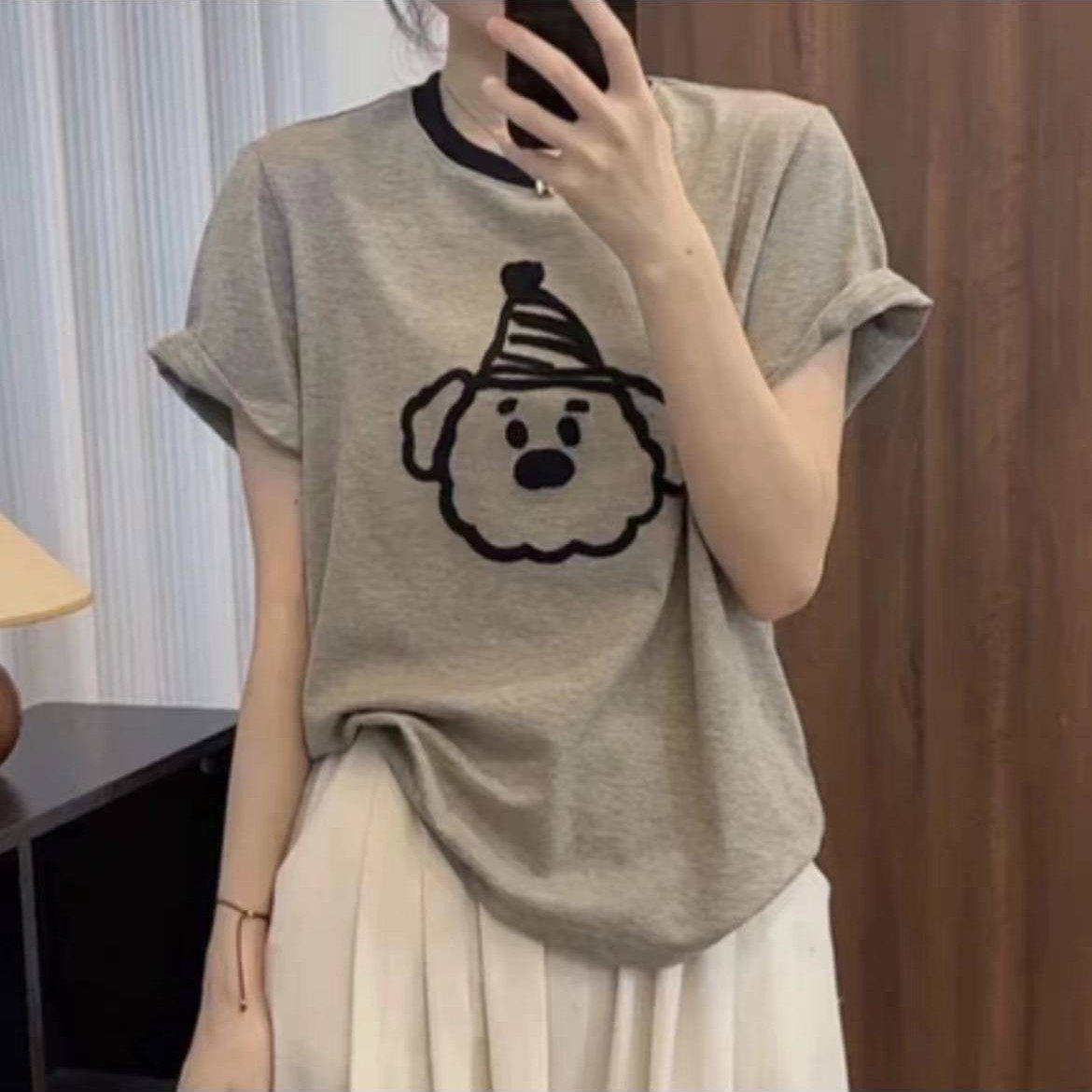 大尺码不规则正肩黑色短袖T恤女夏季宽松遮肚胖MM圆领印花T恤上衣
