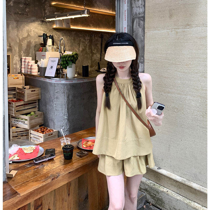 小个子法式高级感无袖挂颈衬衫上衣女休闲宽松天丝亚麻短裤两件套
