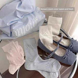 透气甜美百搭中筒ins堆堆袜s 韩系奶油色春夏镂空小花中筒袜薄款
