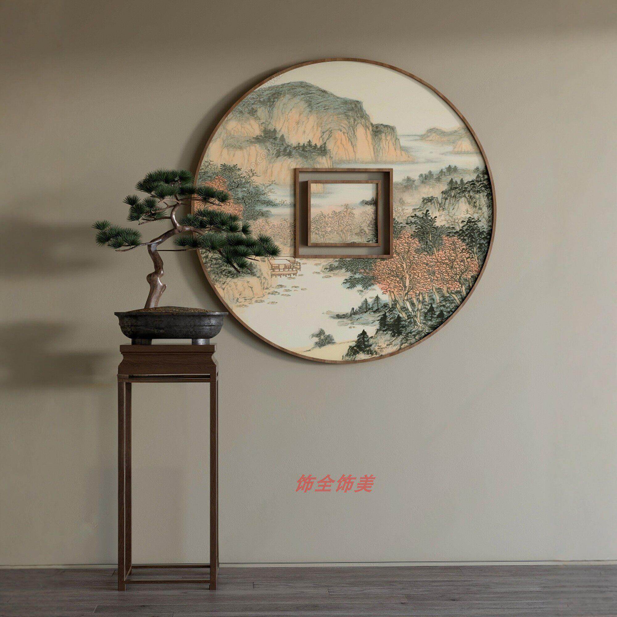 新中式入户玄关铁艺装饰画半圆组合圆满挂画客厅背景墙八卦圆壁画