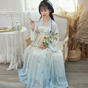 正品原创初中生女夏装汉服连衣裙中国风学生少女裙绣花雪纺中长裙