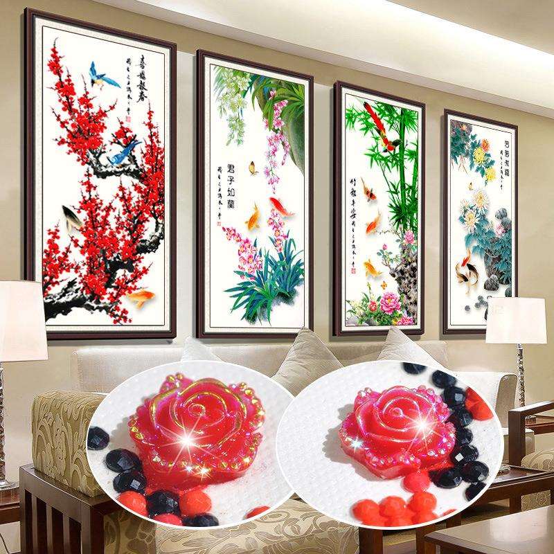 5d魔方钻石画客厅新款 梅兰竹菊四联画满钻贴砖十字绣异形钻石绣