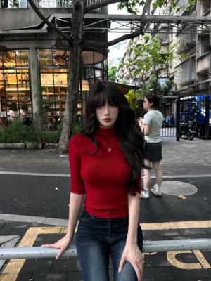 AWMUMU  极简知性半高领打底针织衫女内搭修身显瘦中袖正肩上衣女