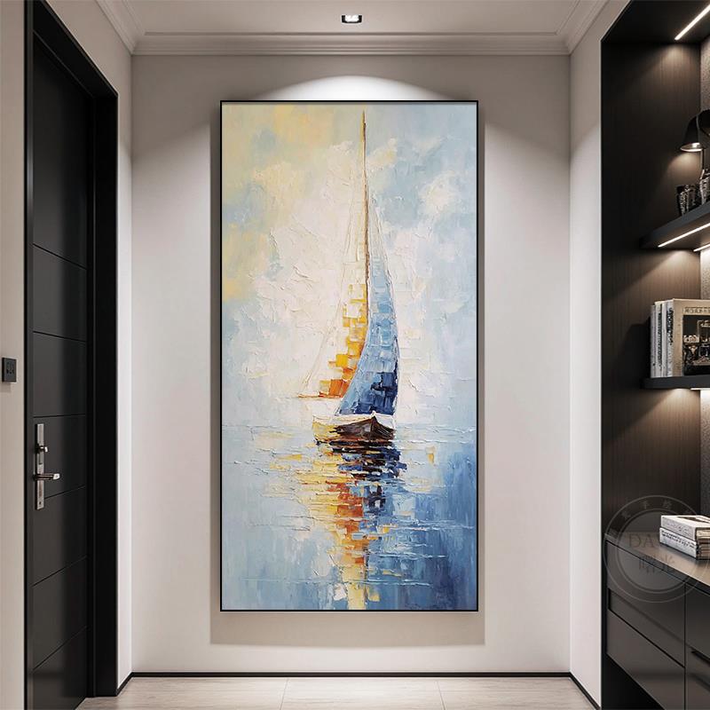 一帆风顺大芬油画村入户玄关装饰画纯手绘海景画竖版走廊过道挂画